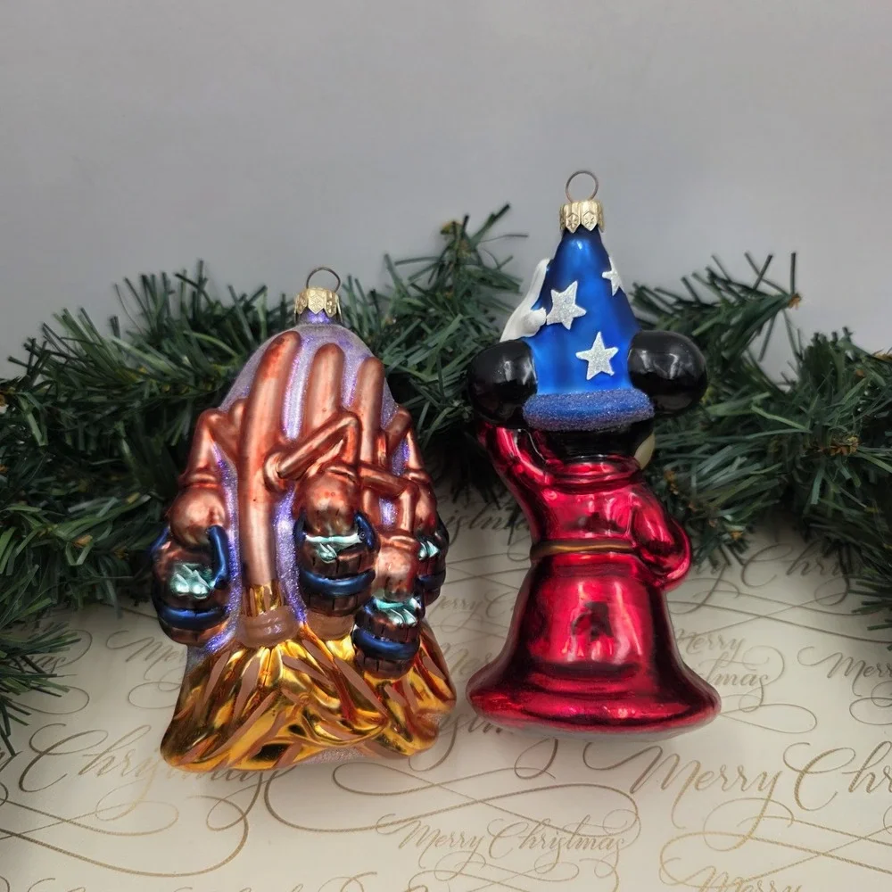 1999 Christopher Radko Disney Fantasia Sorcerer Mickey Brooms Glass Ornaments